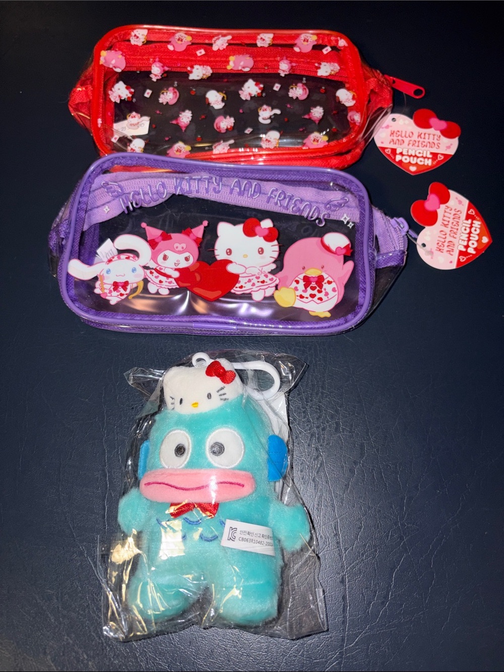 Hello Kitty Purple & Red Clear Pencil Pouches with Teal Plush Charm
